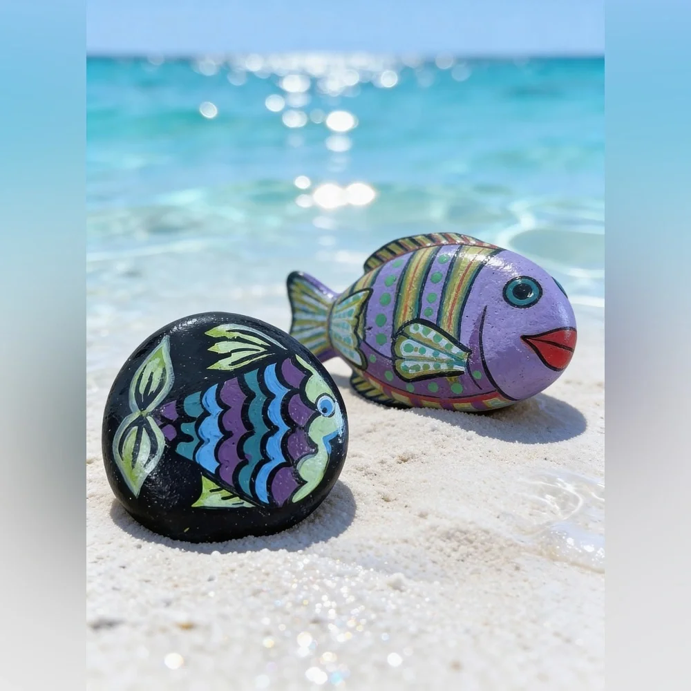 Hand crafted painted fish rocks set of 2 blue purple black yellow dots 2x2 inch
